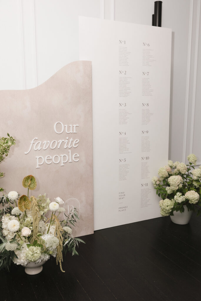 Modern wedding seating chart display with minimalist signage reading “Our favorite people,” styled with neutral florals and elegant typography